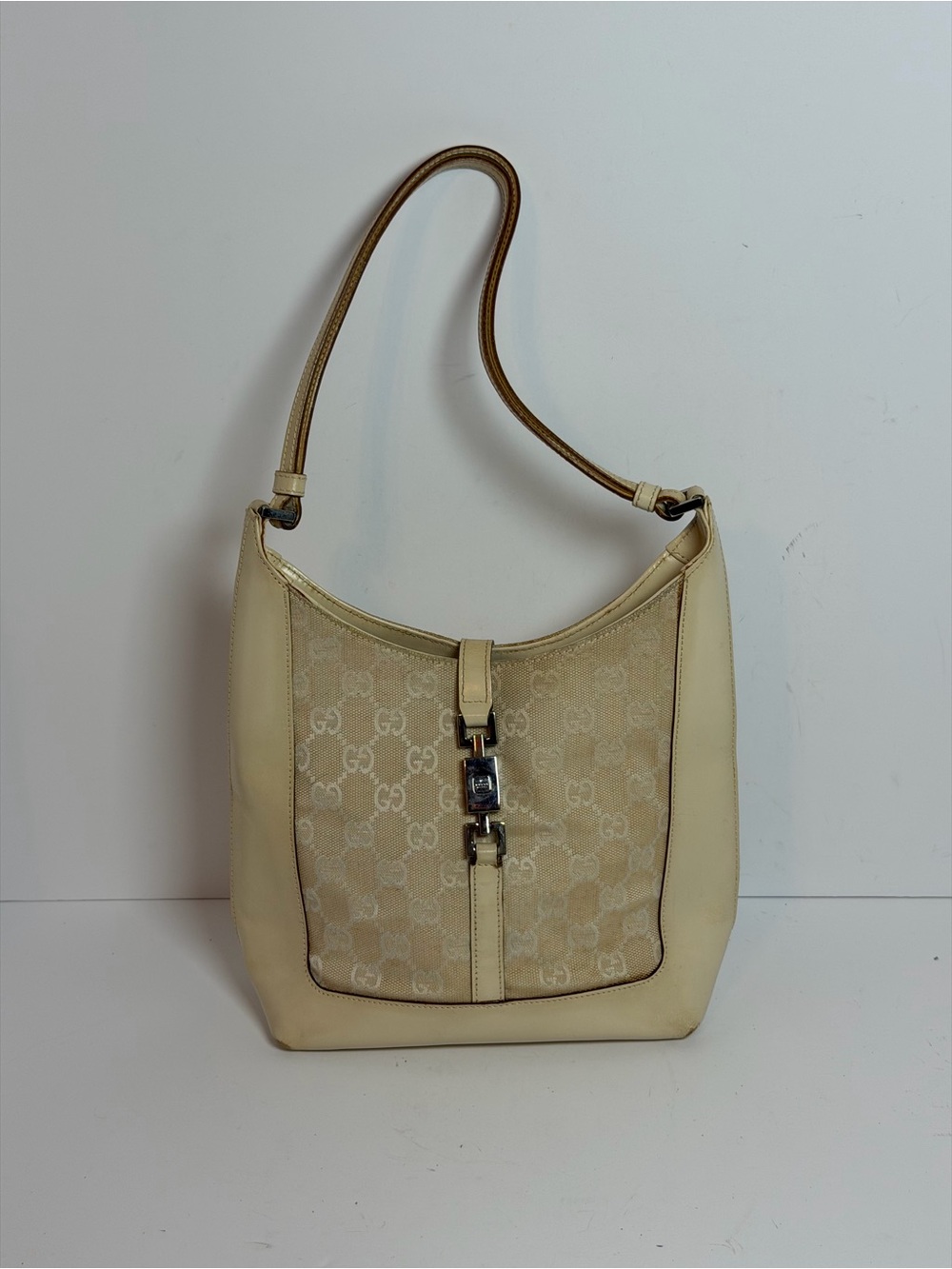 Vintage Gucci Jackie GG Cream Canvas/Leather Shoulder Bag